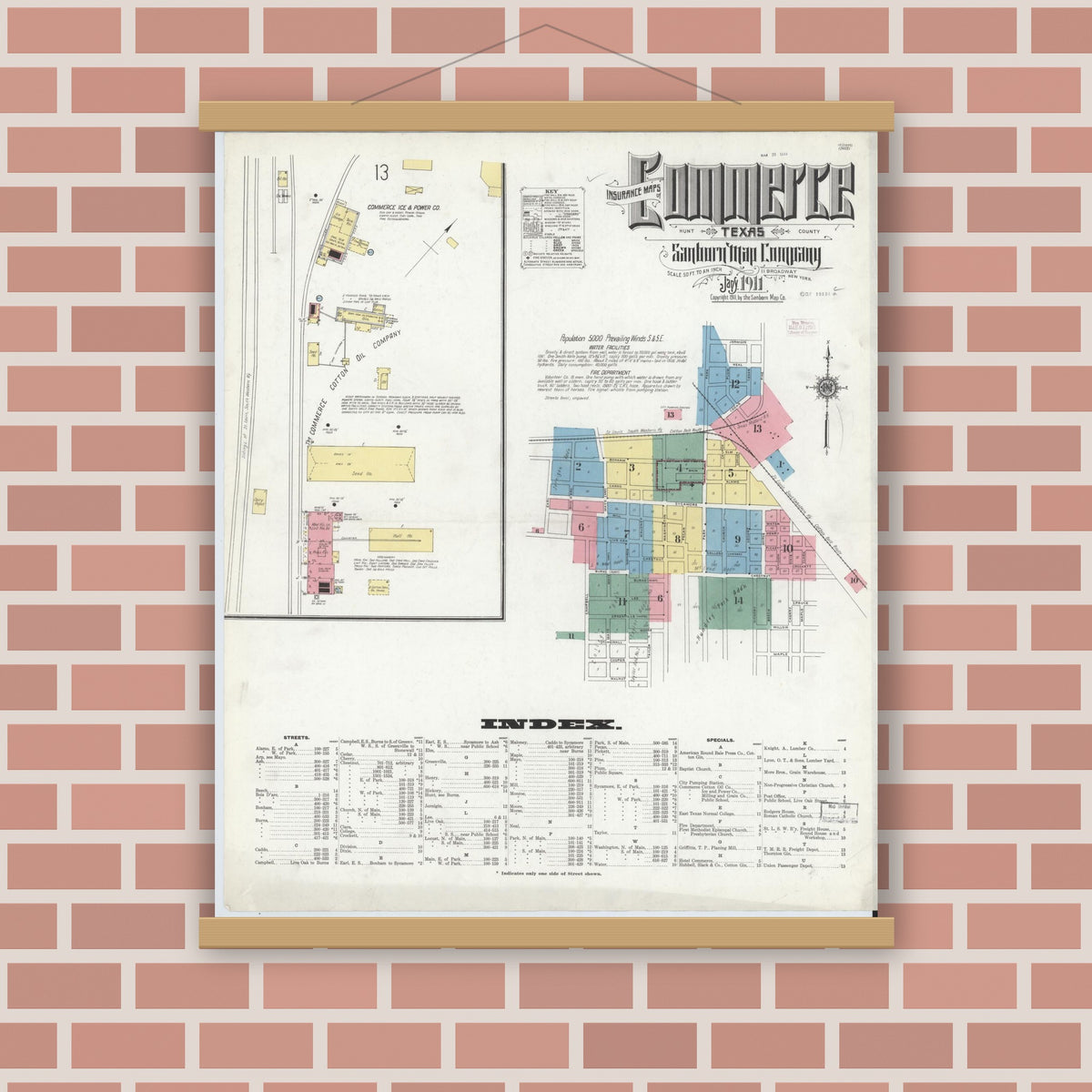 Old map wall art mockup — magnetic wood frame on brick wall — Sanborn Fire Insurance Map from Commerce, Hunt County, Texas (1911), Sheet #0001