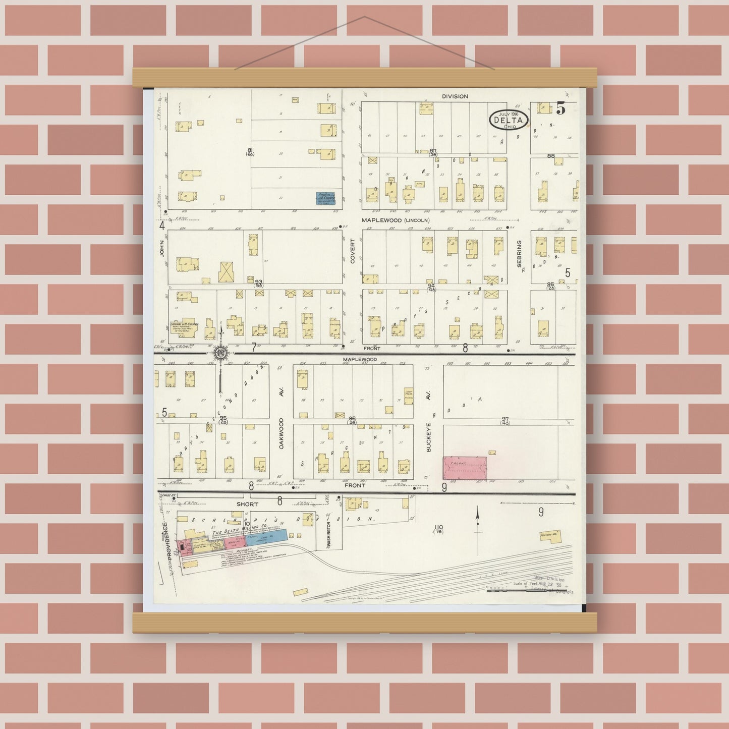 Old map wall art mockup — magnetic wood frame on brick wall — Sanborn Fire Insurance Map from Delta, Fulton County, Ohio (1916), Sheet #0005