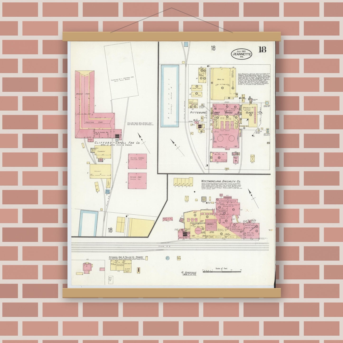 Old map wall art mockup — magnetic wood frame on brick wall — Sanborn Fire Insurance Map from Jeannette, Westmoreland County, Pennsylvania (1910), Sheet #0018
