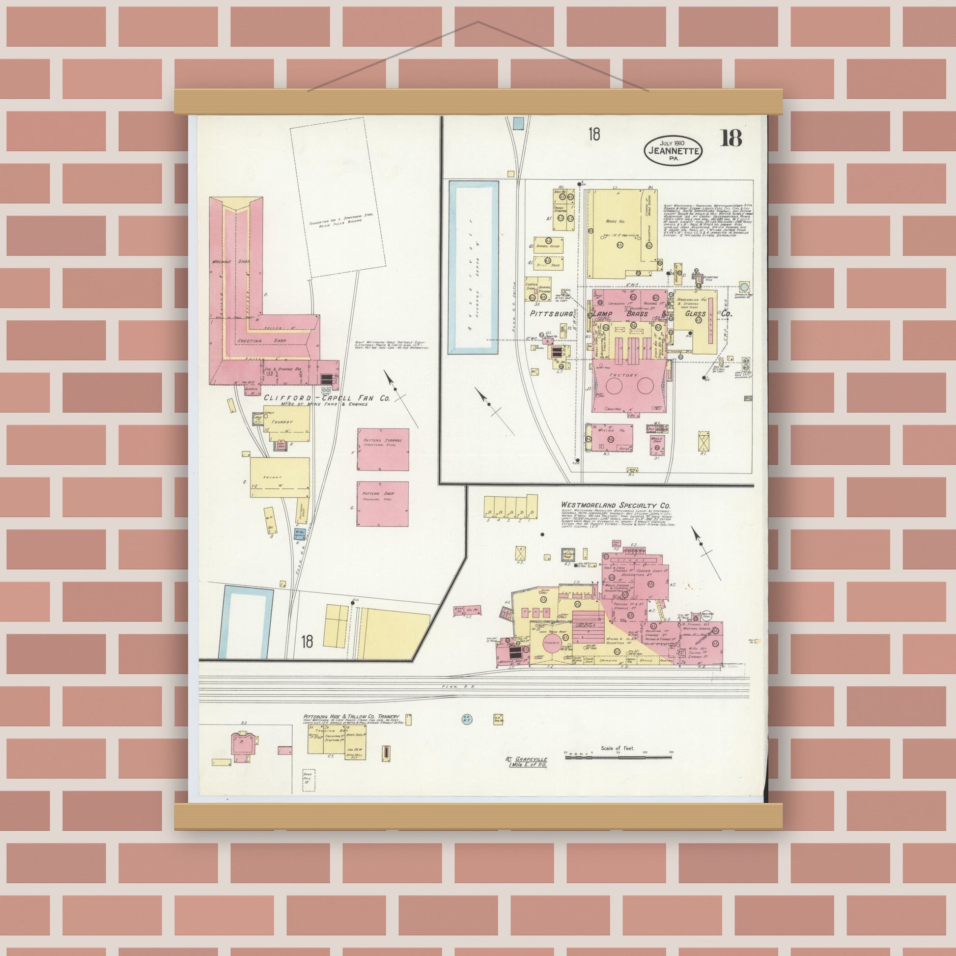 Old map wall art mockup — magnetic wood frame on brick wall — Sanborn Fire Insurance Map from Jeannette, Westmoreland County, Pennsylvania (1910), Sheet #0018