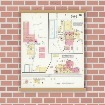 Old map wall art mockup — magnetic wood frame on brick wall — Sanborn Fire Insurance Map from Jeannette, Westmoreland County, Pennsylvania (1910), Sheet #0018