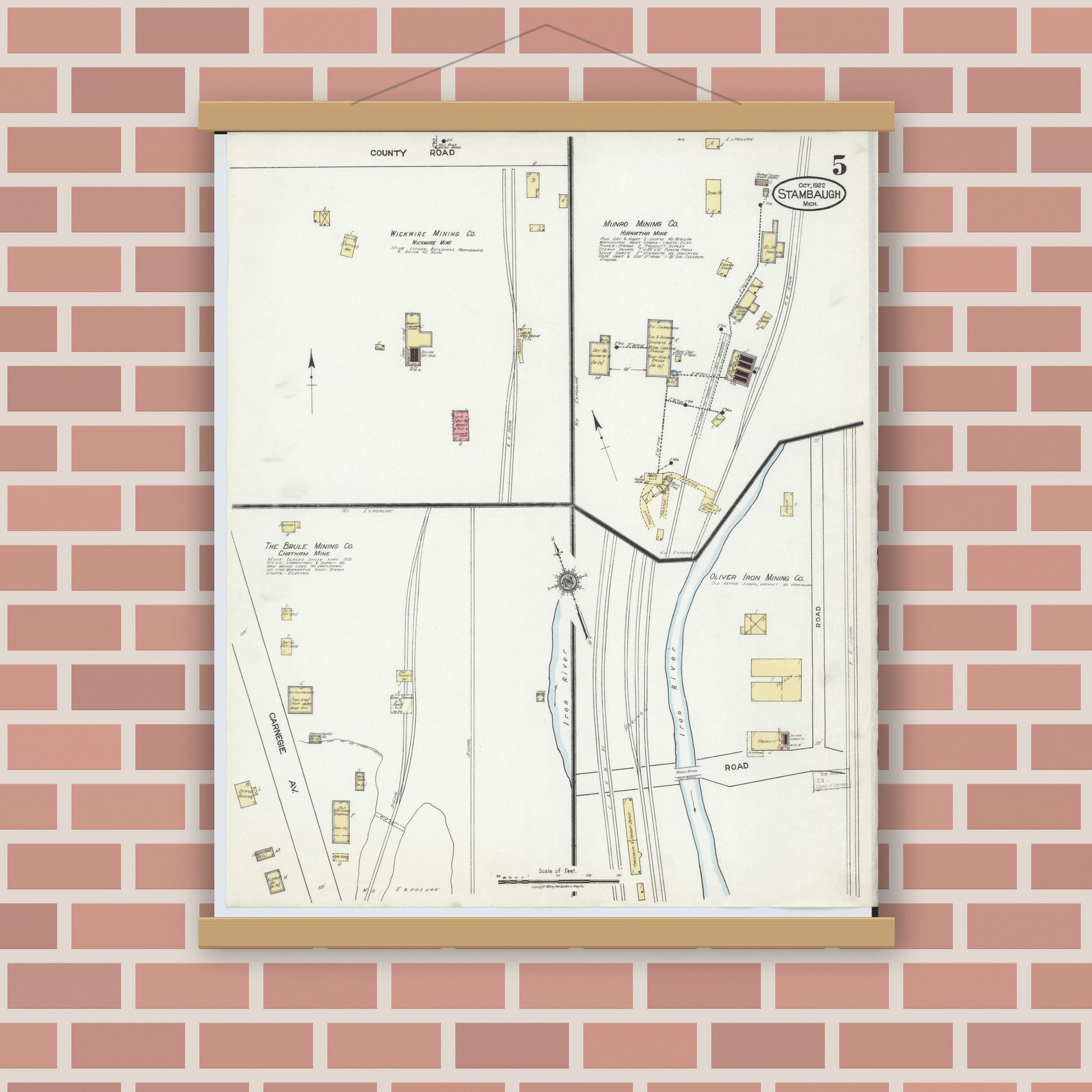 Old map wall art mockup — magnetic wood frame on brick wall — Sanborn Fire Insurance Map from Stambaugh, Iron County, Michigan (1922), Sheet #0005