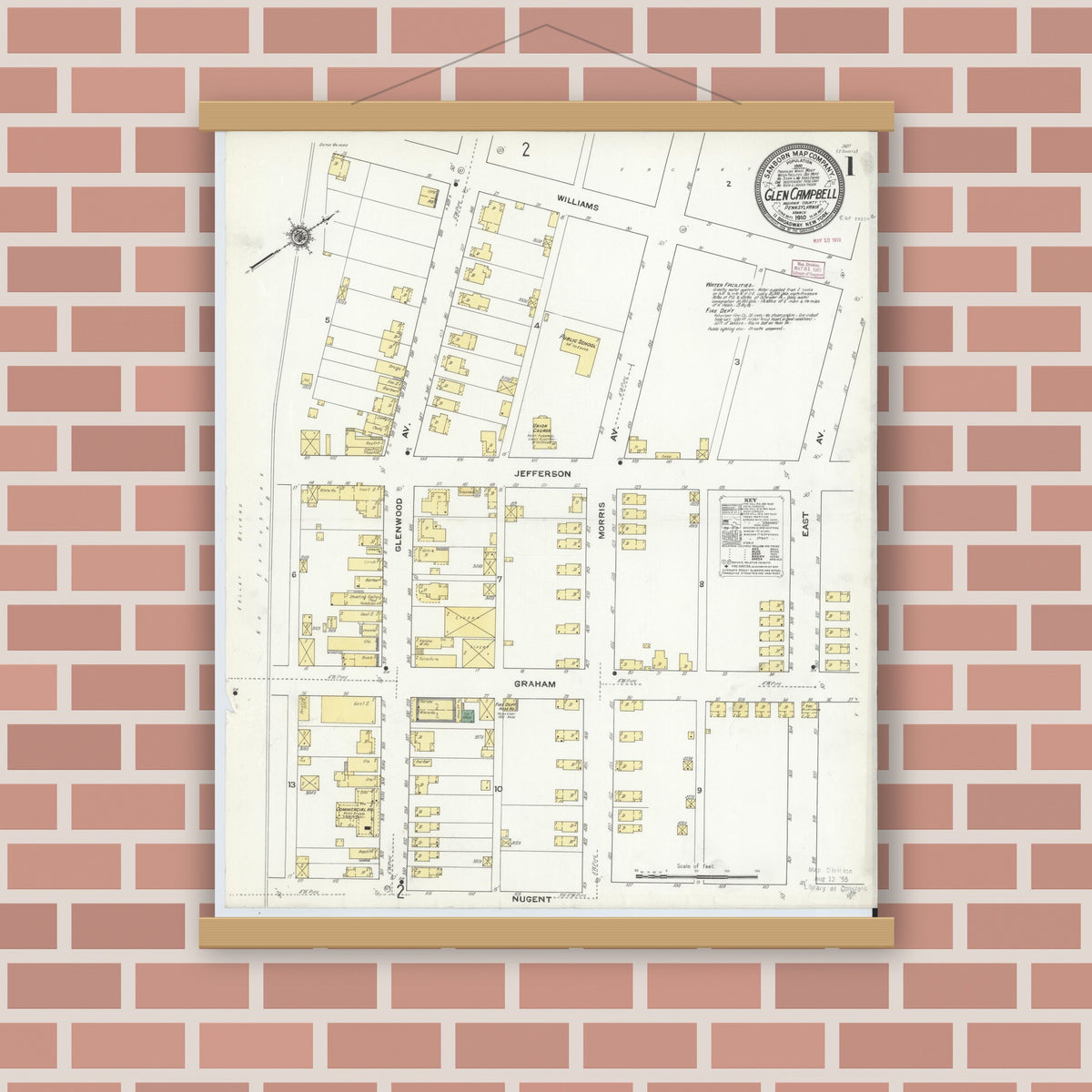 Old map wall art mockup — magnetic wood frame on brick wall — Sanborn Fire Insurance Map from Glen Campbell, Indiana County, Pennsylvania (1910) - Complete Map Set
