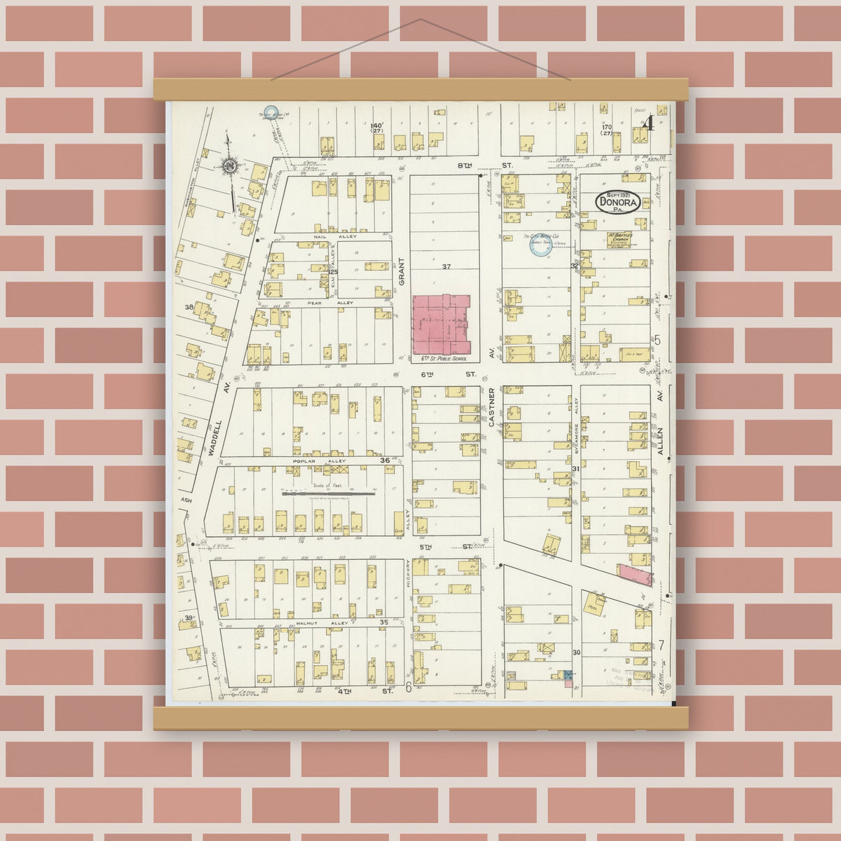 Old map wall art mockup — magnetic wood frame on brick wall — Sanborn Fire Insurance Map from Donora, Washington County, Pennsylvania (1921), Sheet #0004