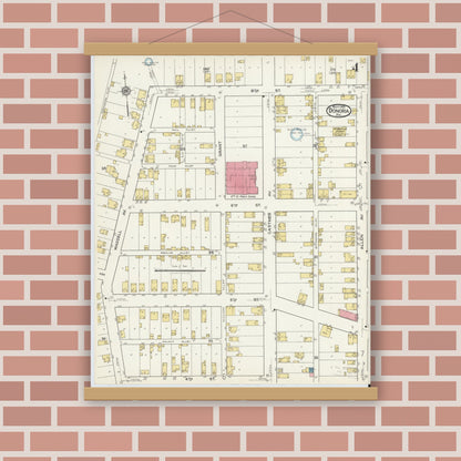 Old map wall art mockup — magnetic wood frame on brick wall — Sanborn Fire Insurance Map from Donora, Washington County, Pennsylvania (1921), Sheet #0004