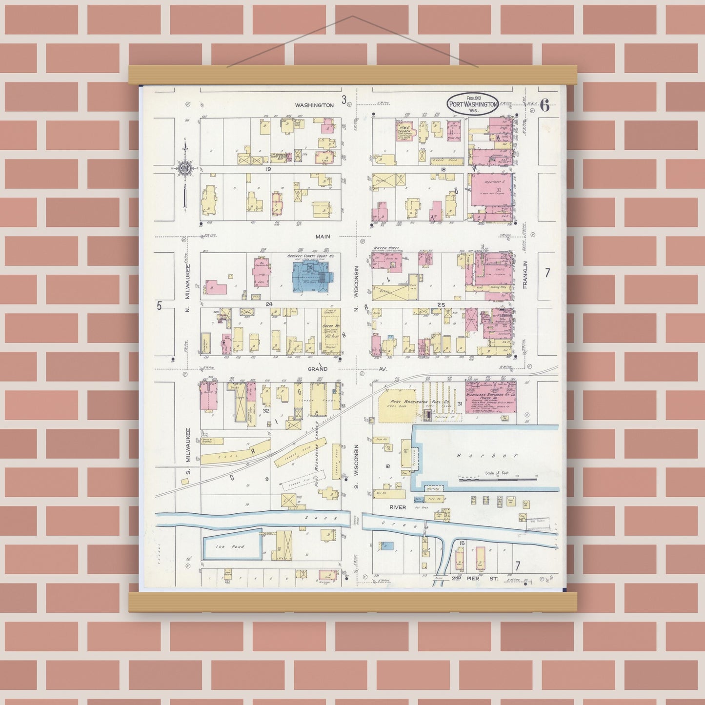 Old map wall art mockup — magnetic wood frame on brick wall — Sanborn Fire Insurance Map from Port Washington, Ozaukee County, Wisconsin (1913), Sheet #0006