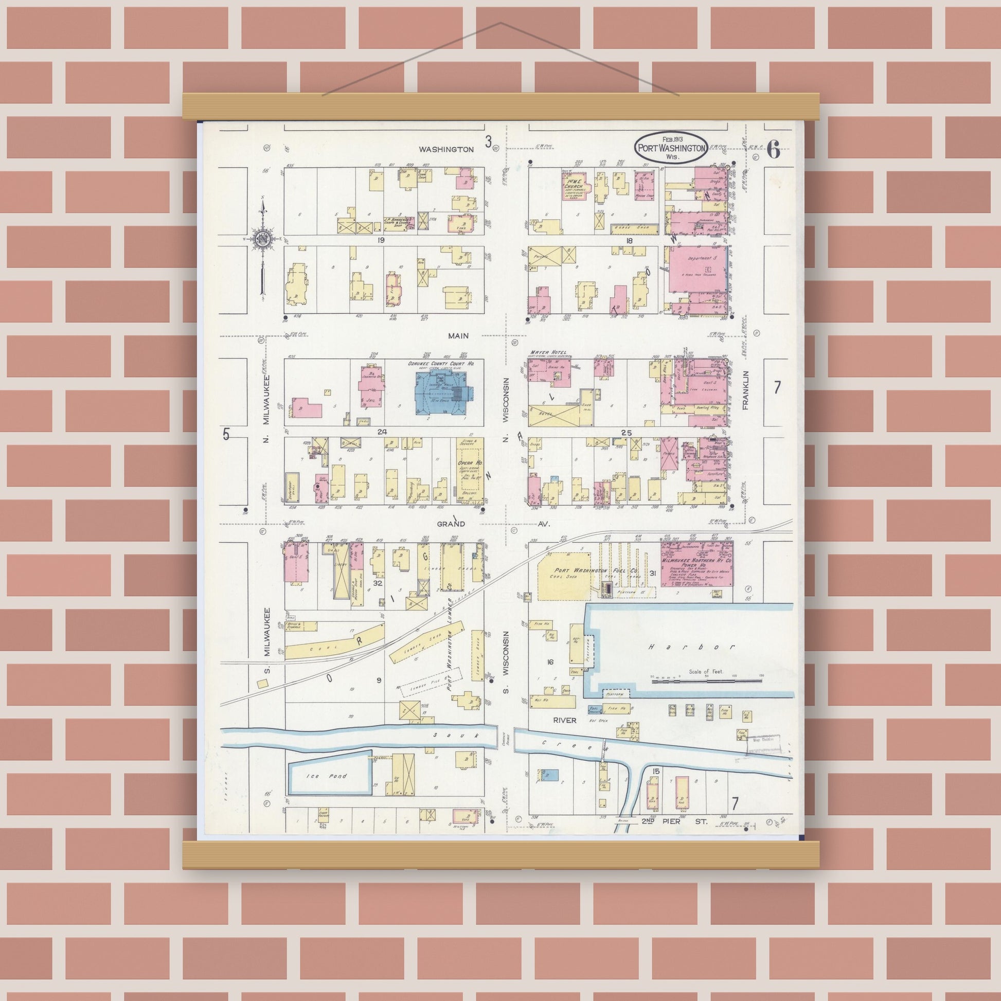 Old map wall art mockup — magnetic wood frame on brick wall — Sanborn Fire Insurance Map from Port Washington, Ozaukee County, Wisconsin (1913), Sheet #0006