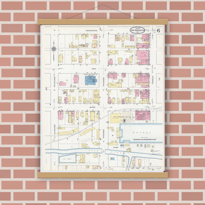 Old map wall art mockup — magnetic wood frame on brick wall — Sanborn Fire Insurance Map from Port Washington, Ozaukee County, Wisconsin (1913), Sheet #0006