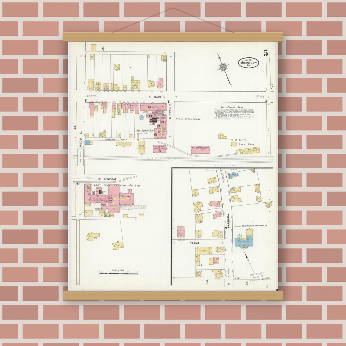 Old map wall art mockup — magnetic wood frame on brick wall — Sanborn Fire Insurance Map from Mount Joy, Lancaster County, Pennsylvania (1912), Sheet #0005
