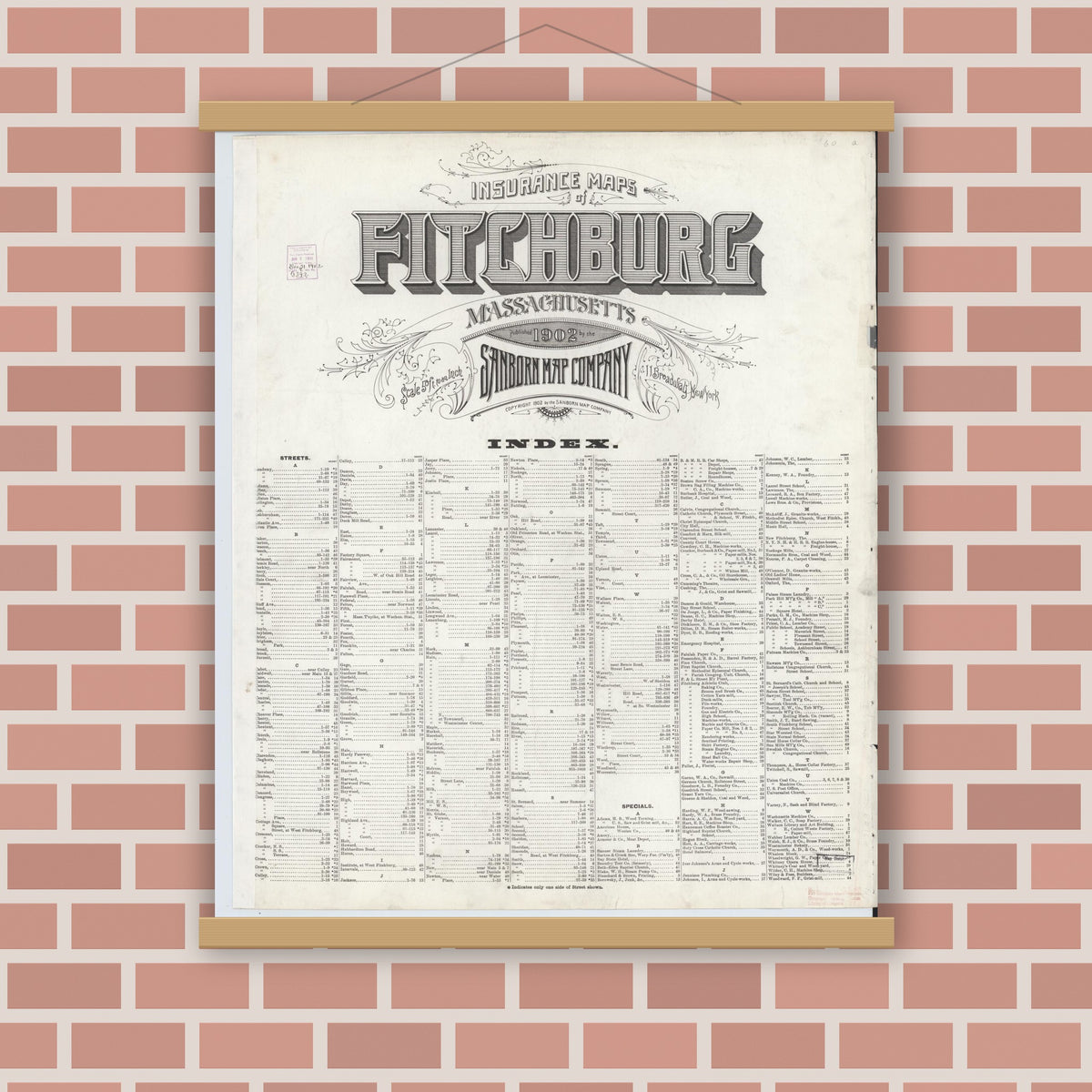 Old map wall art mockup — magnetic wood frame on brick wall — Sanborn Fire Insurance Map from Fitchburg, Worcester County, Massachusetts (1902), Sheet #0001
