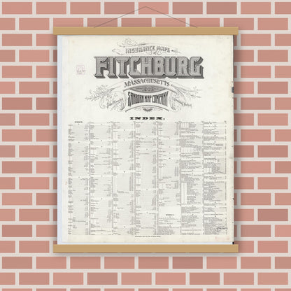 Old map wall art mockup — magnetic wood frame on brick wall — Sanborn Fire Insurance Map from Fitchburg, Worcester County, Massachusetts (1902), Sheet #0001