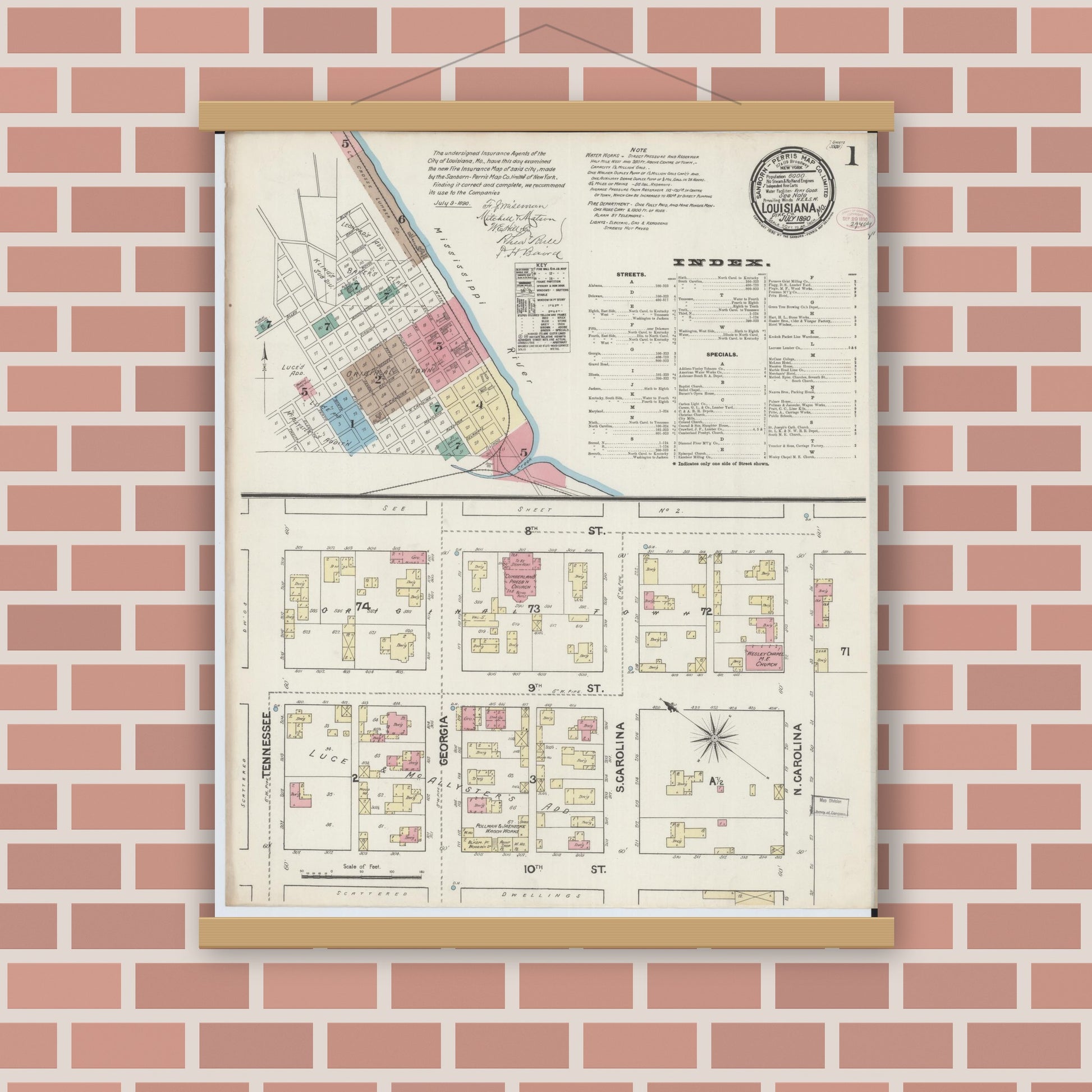 Old map wall art mockup — magnetic wood frame on brick wall — Sanborn Fire Insurance Map from Louisiana, Pike County, Missouri (1890) - Complete Map Set