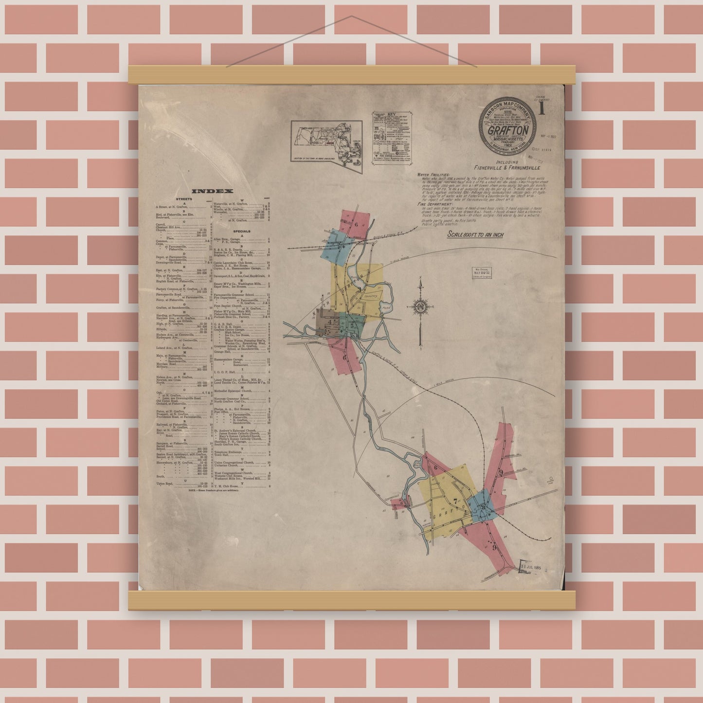 Old map wall art mockup — magnetic wood frame on brick wall — Sanborn Fire Insurance Map from Grafton, Worcester County, Massachusetts (1922), Sheet #0001