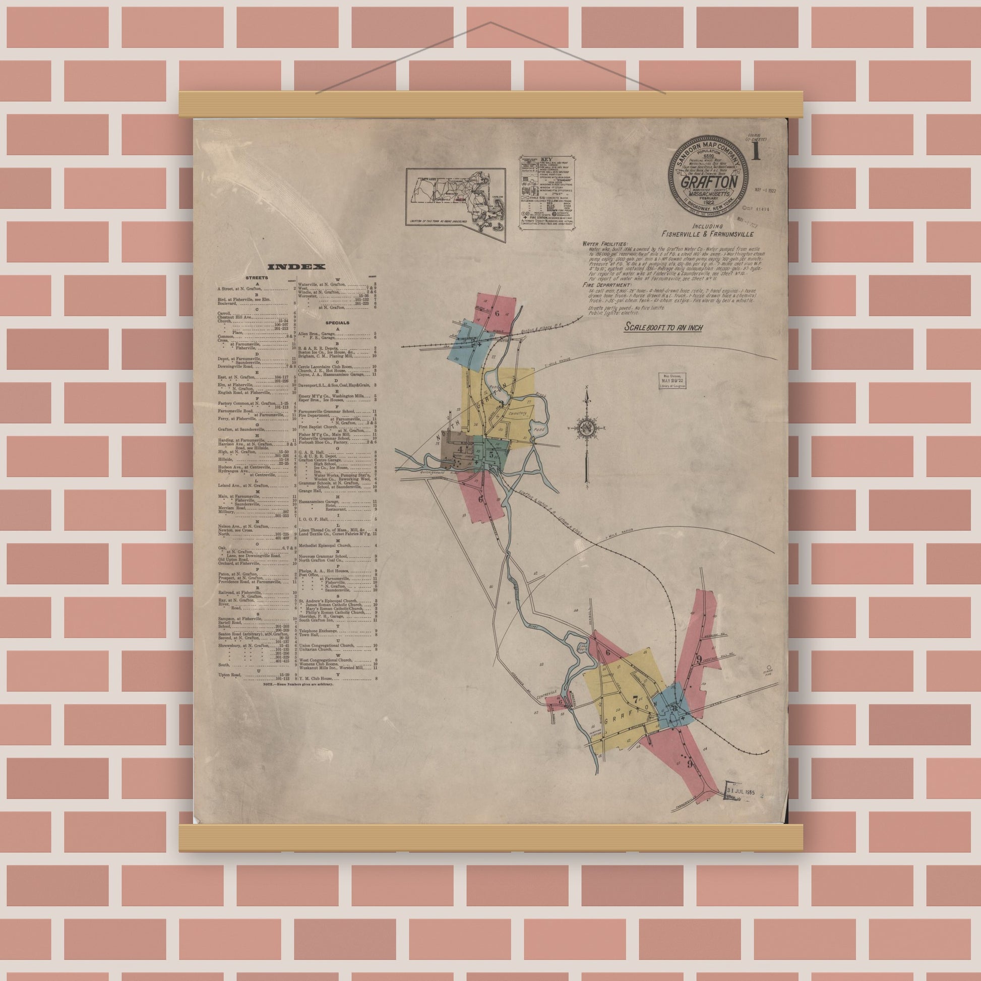 Old map wall art mockup — magnetic wood frame on brick wall — Sanborn Fire Insurance Map from Grafton, Worcester County, Massachusetts (1922), Sheet #0001