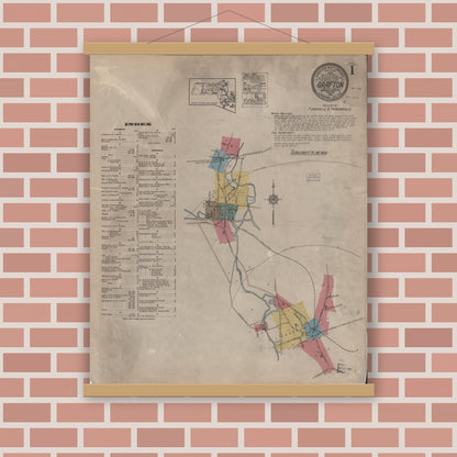 Old map wall art mockup — magnetic wood frame on brick wall — Sanborn Fire Insurance Map from Grafton, Worcester County, Massachusetts (1922), Sheet #0001