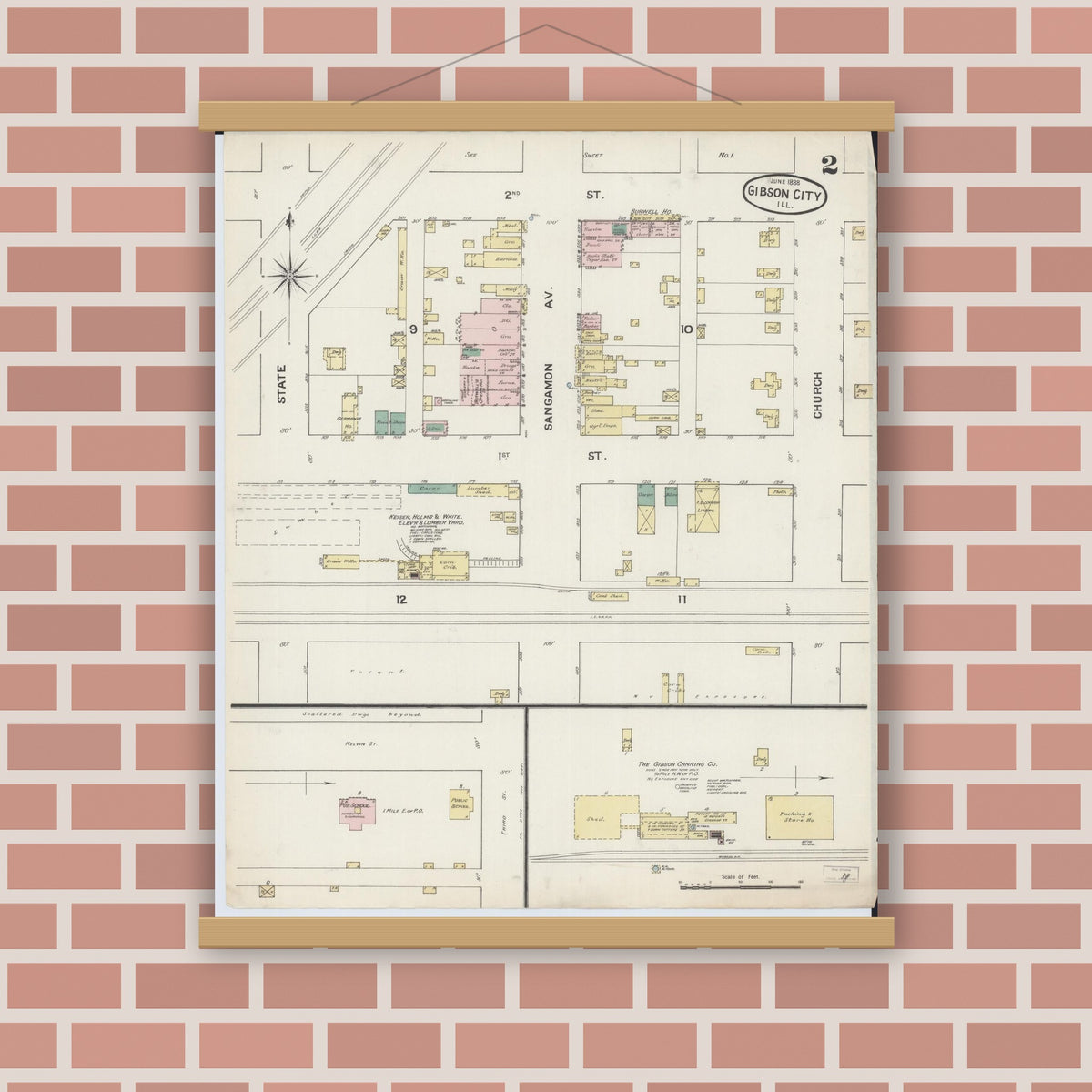 Old map wall art mockup — magnetic wood frame on brick wall — Sanborn Fire Insurance Map from Gibson City, Ford County, Illinois (1888), Sheet #0002