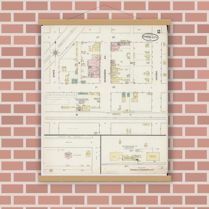 Old map wall art mockup — magnetic wood frame on brick wall — Sanborn Fire Insurance Map from Gibson City, Ford County, Illinois (1888), Sheet #0002