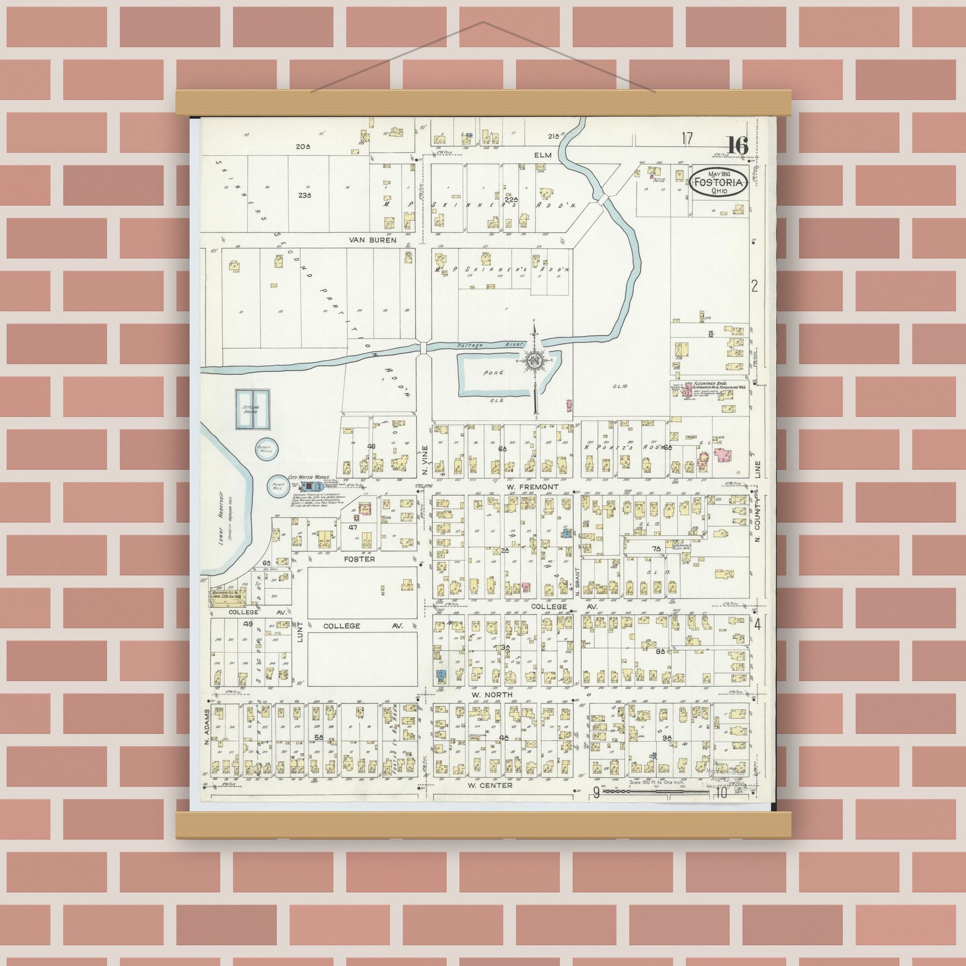 Old map wall art mockup — magnetic wood frame on brick wall — Sanborn Fire Insurance Map from Fostoria, Seneca, Hancock, And Wood Counties, Ohio (1914), Sheet #0016