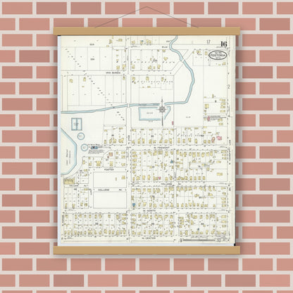 Old map wall art mockup — magnetic wood frame on brick wall — Sanborn Fire Insurance Map from Fostoria, Seneca, Hancock, And Wood Counties, Ohio (1914), Sheet #0016