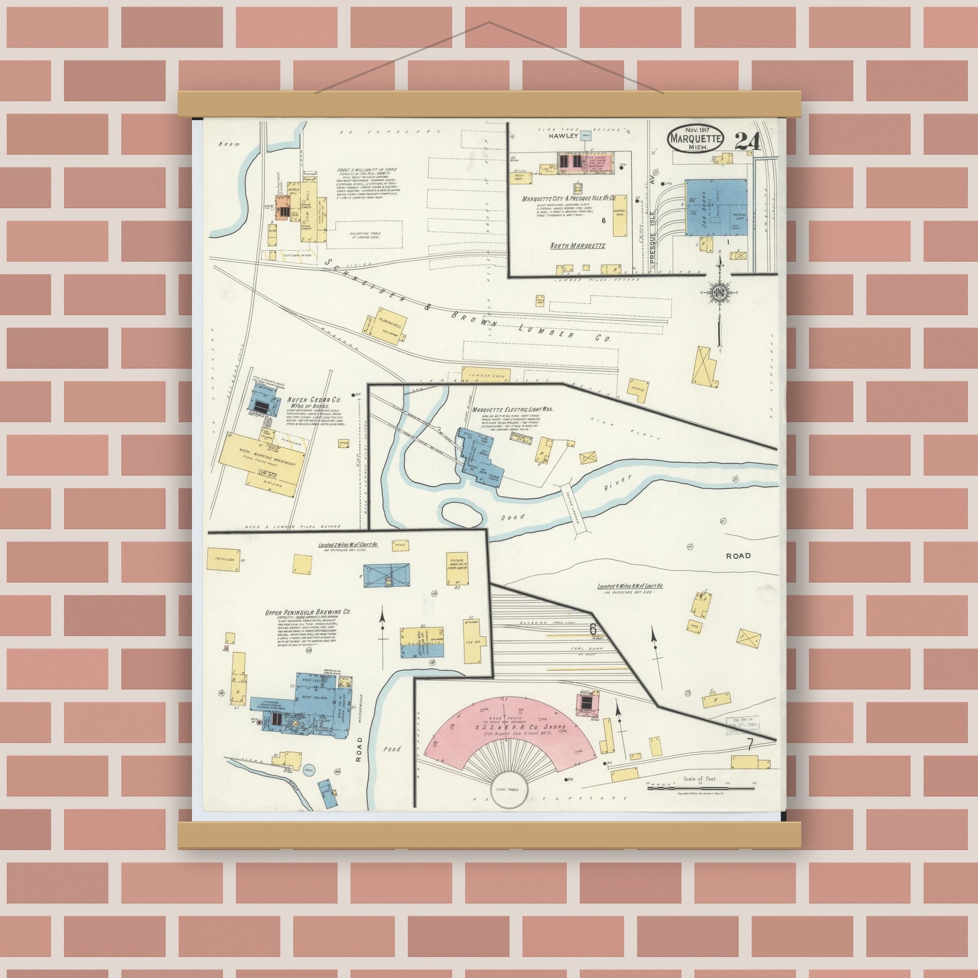 Old map wall art mockup — magnetic wood frame on brick wall — Sanborn Fire Insurance Map from Marquette, Marquette County, Michigan (1917), Sheet #0024
