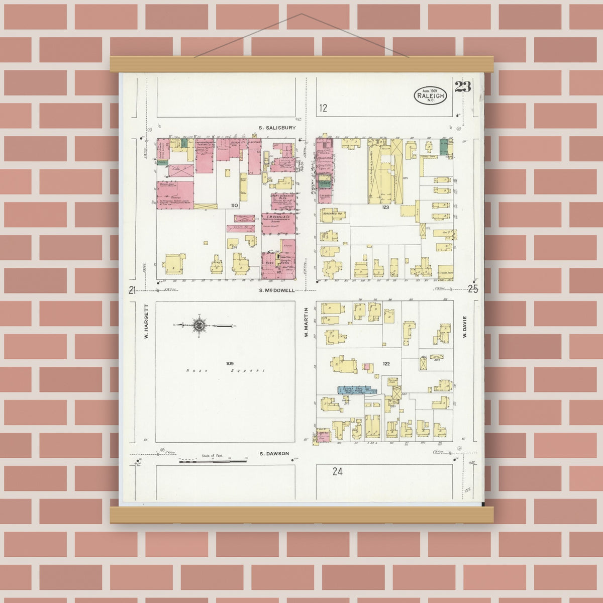 Old map wall art mockup — magnetic wood frame on brick wall — Sanborn Fire Insurance Map from Raleigh, Wake County, North Carolina (1909), Sheet #0023