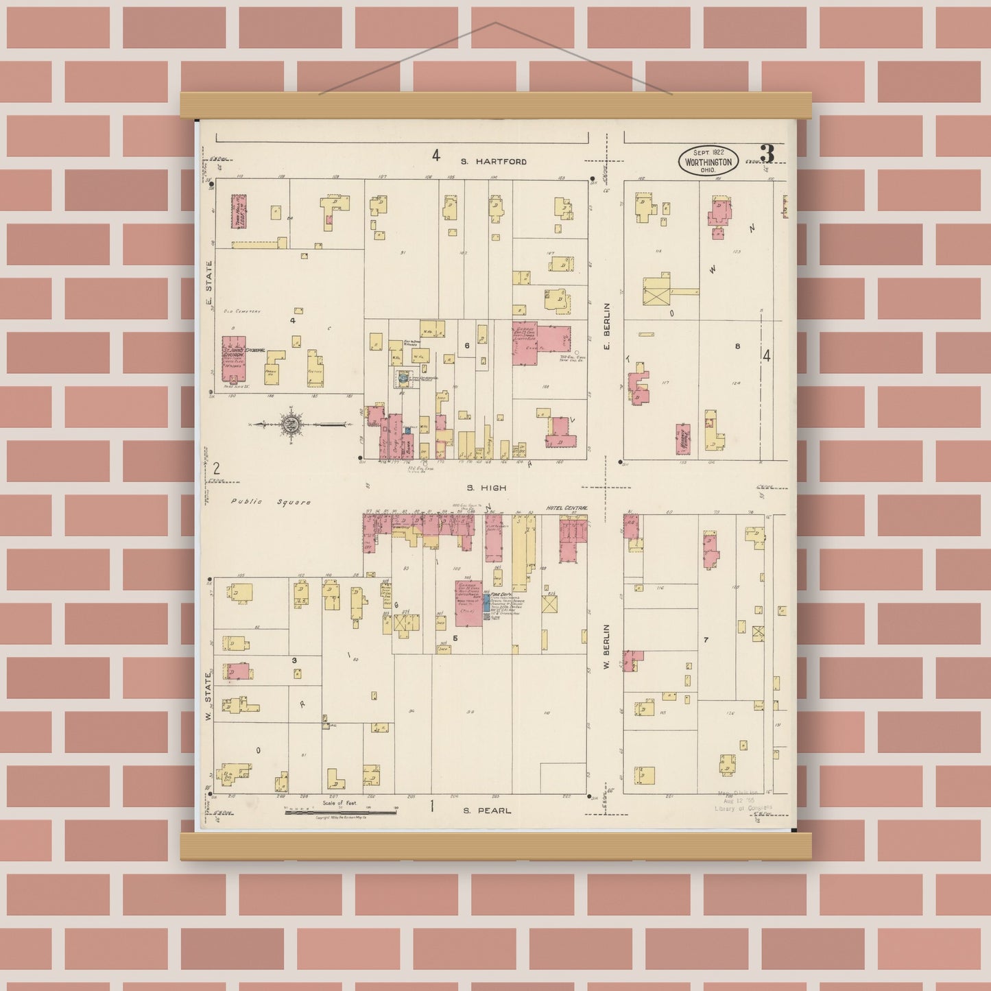 Old map wall art mockup — magnetic wood frame on brick wall — Sanborn Fire Insurance Map from Worthington, Franklin County, Ohio (1922), Sheet #0003