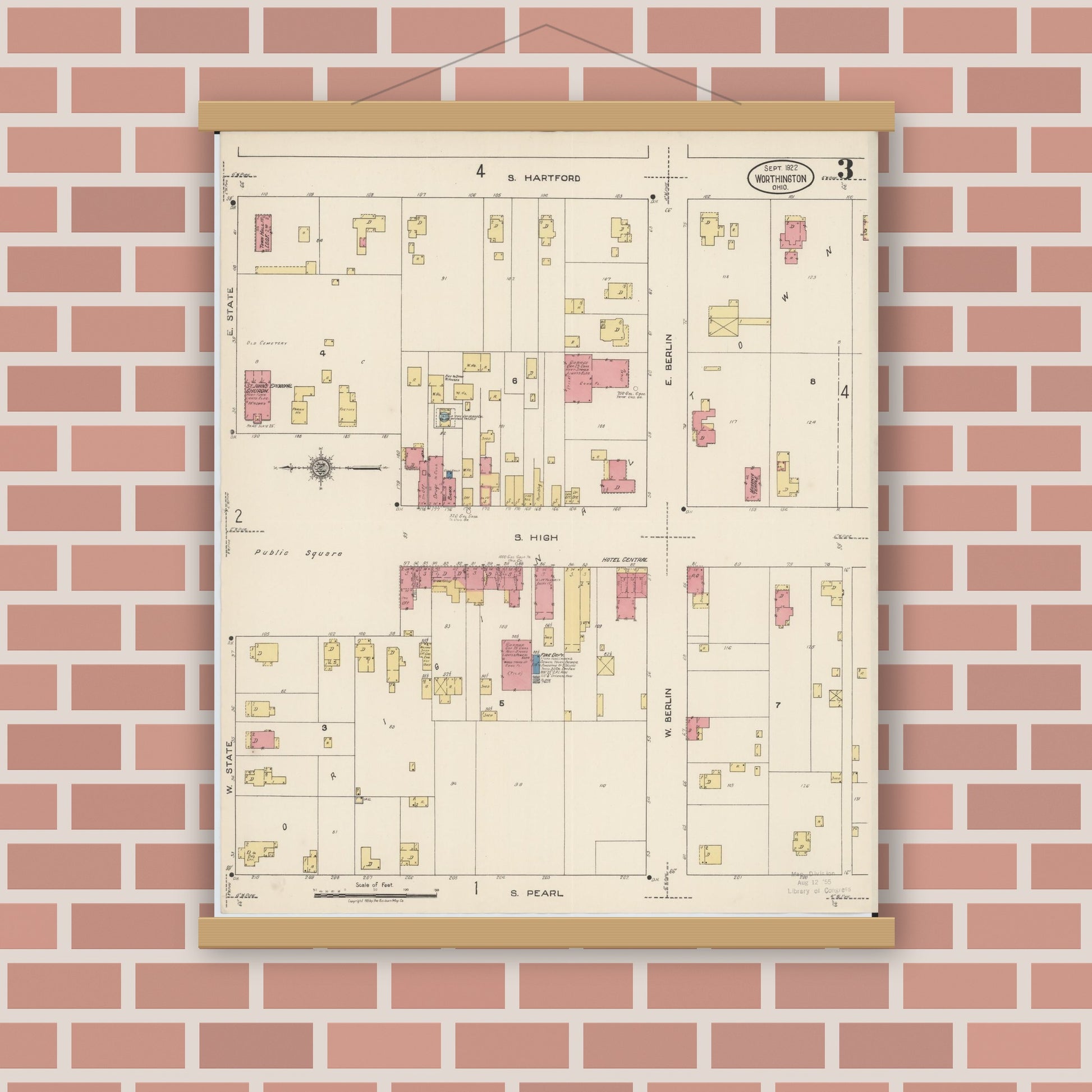 Old map wall art mockup — magnetic wood frame on brick wall — Sanborn Fire Insurance Map from Worthington, Franklin County, Ohio (1922), Sheet #0003