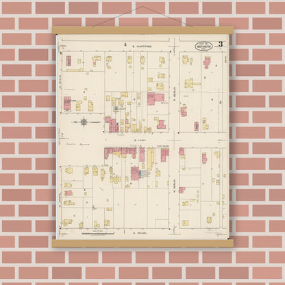 Old map wall art mockup — magnetic wood frame on brick wall — Sanborn Fire Insurance Map from Worthington, Franklin County, Ohio (1922), Sheet #0003