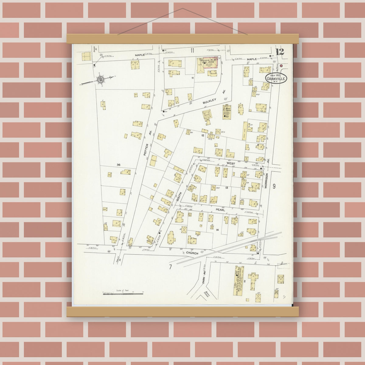 Old map wall art mockup — magnetic wood frame on brick wall — Sanborn Fire Insurance Map from Granville, Washington County, New York (1912), Sheet #0012
