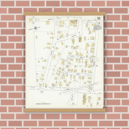 Old map wall art mockup — magnetic wood frame on brick wall — Sanborn Fire Insurance Map from Granville, Washington County, New York (1912), Sheet #0012