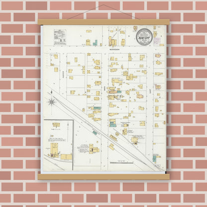 Old map wall art mockup — magnetic wood frame on brick wall — Sanborn Fire Insurance Map from Kent City, Kent County, Michigan (1904), Sheet #0001