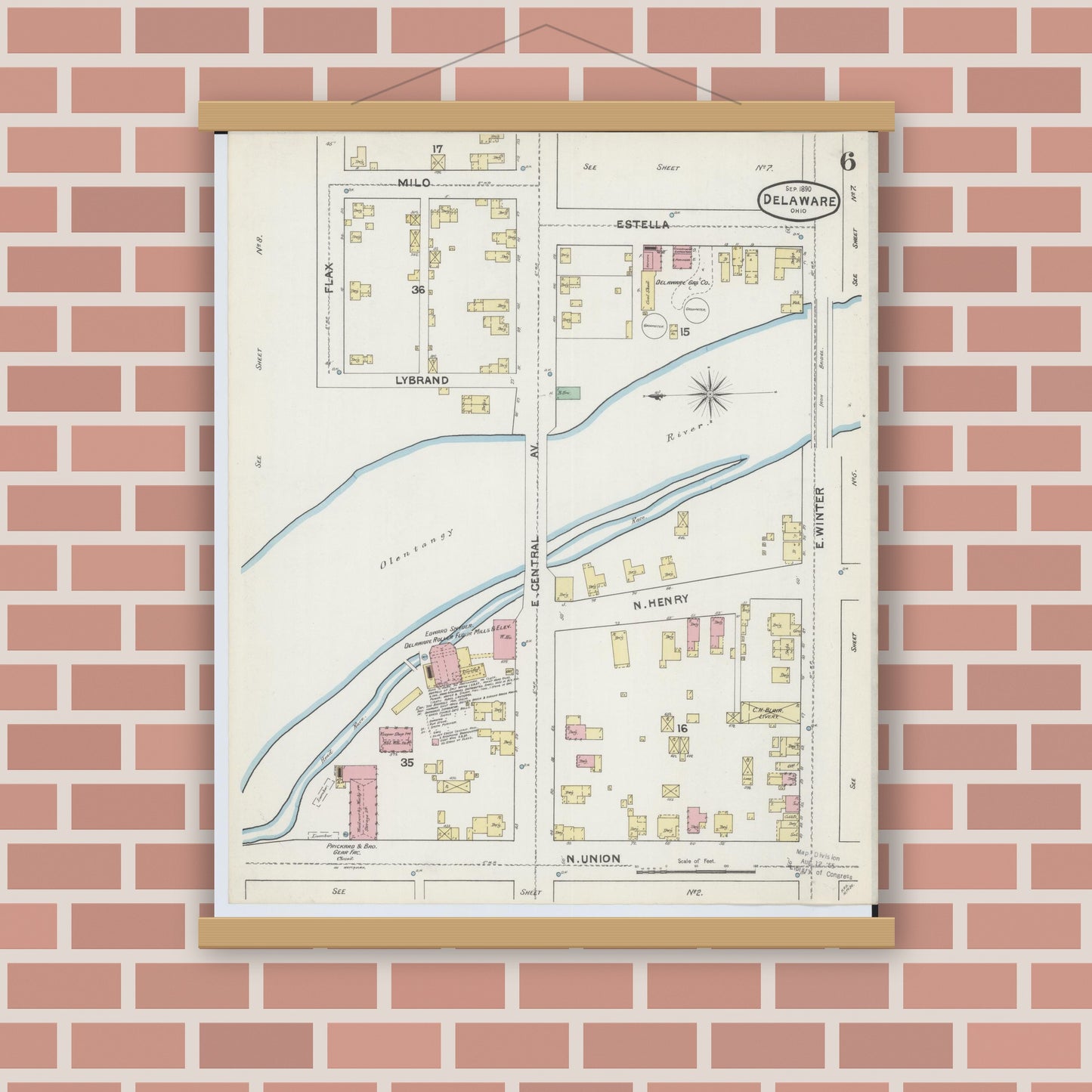Old map wall art mockup — magnetic wood frame on brick wall — Sanborn Fire Insurance Map from Delaware, Delaware County, Ohio (1890), Sheet #0006