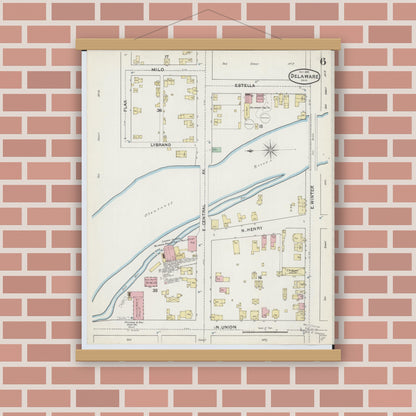 Old map wall art mockup — magnetic wood frame on brick wall — Sanborn Fire Insurance Map from Delaware, Delaware County, Ohio (1890), Sheet #0006