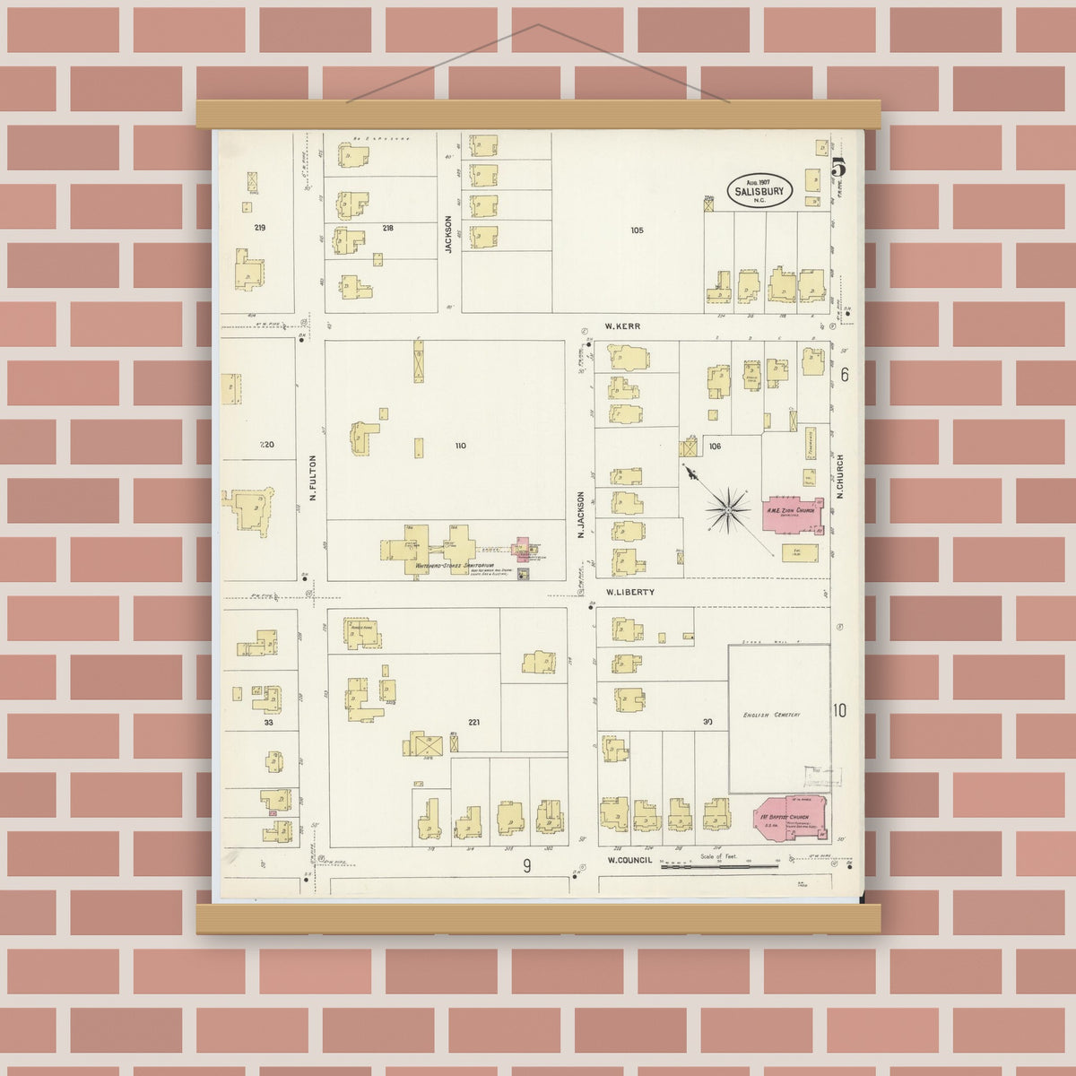 Old map wall art mockup — magnetic wood frame on brick wall — Sanborn Fire Insurance Map from Salisbury, Rowan County, North Carolina (1907), Sheet #0005