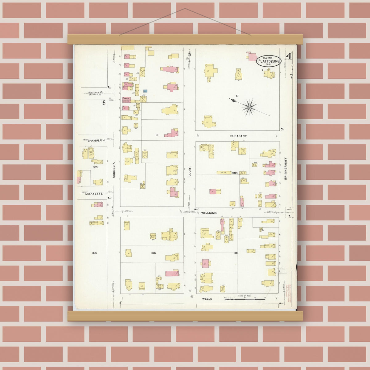 Old map wall art mockup — magnetic wood frame on brick wall — Sanborn Fire Insurance Map from Plattsburg, Clinton County, New York (1909), Sheet #0003