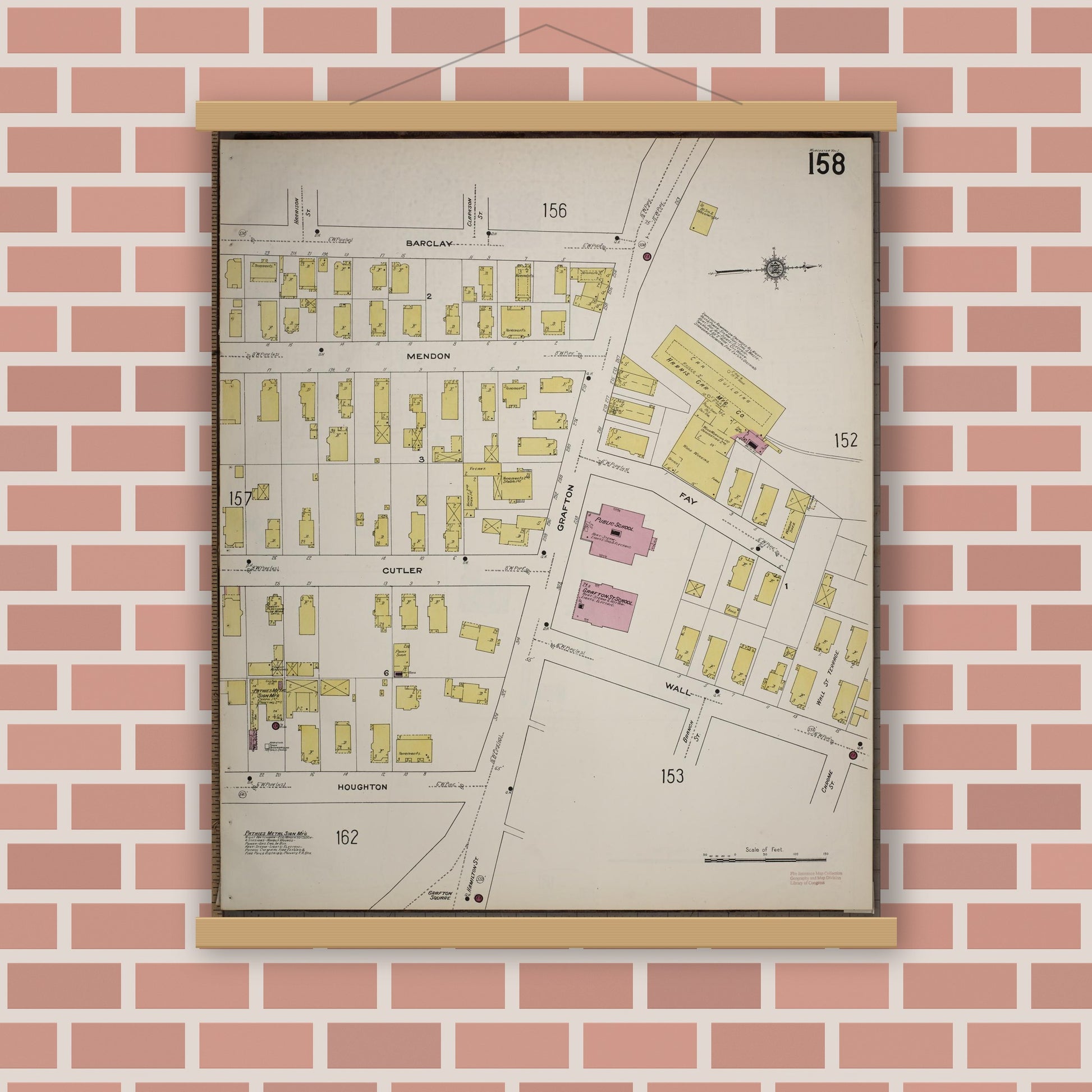 Old map wall art mockup — magnetic wood frame on brick wall — Sanborn Fire Insurance Map from Worcester, Worcester County, Massachusetts (1910), Sheet #0158