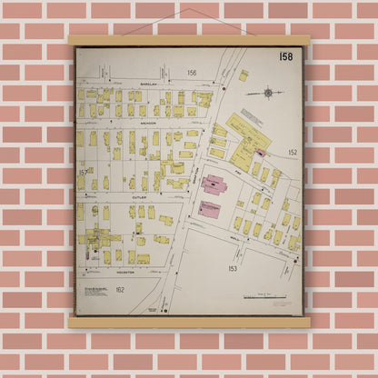 Old map wall art mockup — magnetic wood frame on brick wall — Sanborn Fire Insurance Map from Worcester, Worcester County, Massachusetts (1910), Sheet #0158