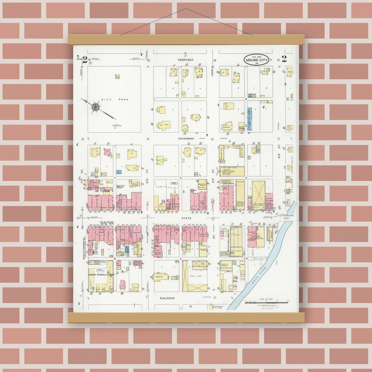 Old map wall art mockup — magnetic wood frame on brick wall — Sanborn Fire Insurance Map from Mound City, Holt County, Missouri (1928), Sheet #0002