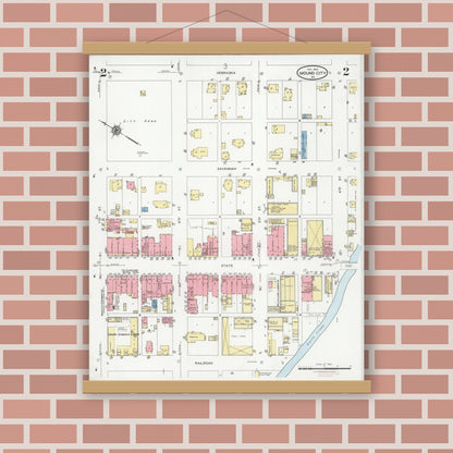Old map wall art mockup — magnetic wood frame on brick wall — Sanborn Fire Insurance Map from Mound City, Holt County, Missouri (1928), Sheet #0002