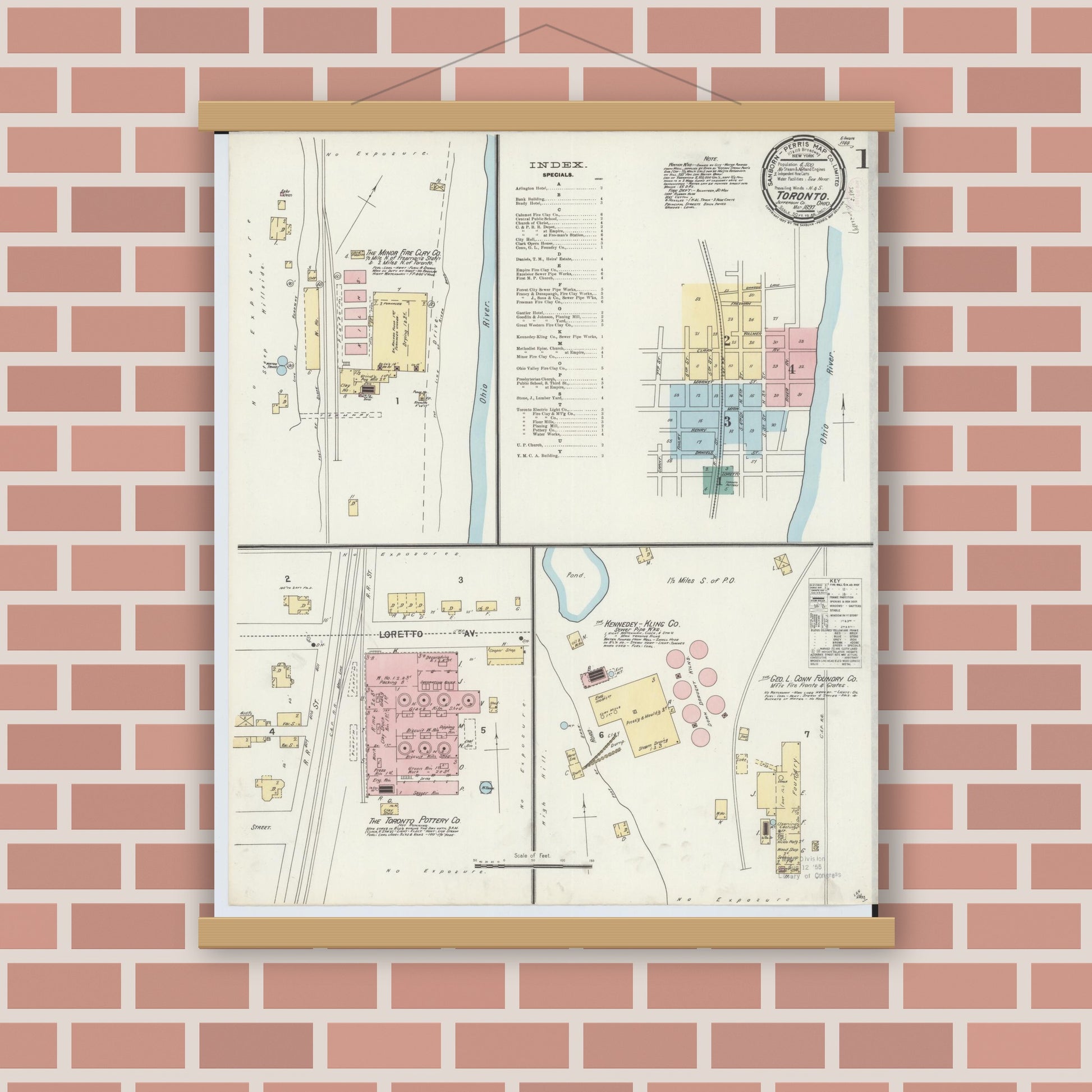 Old map wall art mockup — magnetic wood frame on brick wall — Sanborn Fire Insurance Map from Toronto, Jefferson County, Ohio (1897) - Complete Map Set