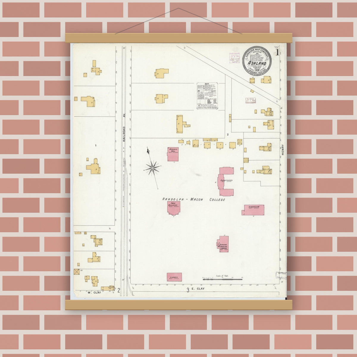 Old map wall art mockup — magnetic wood frame on brick wall — Sanborn Fire Insurance Map from Ashland, Hanover County, Virginia (1908), Sheet #0001