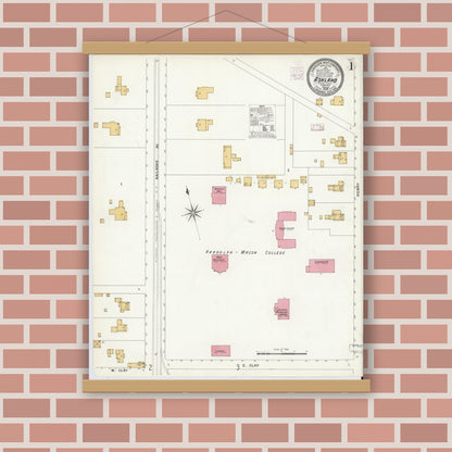 Old map wall art mockup — magnetic wood frame on brick wall — Sanborn Fire Insurance Map from Ashland, Hanover County, Virginia (1908), Sheet #0001