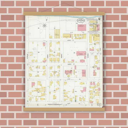 Old map wall art mockup — magnetic wood frame on brick wall — Sanborn Fire Insurance Map from Vincennes, Knox County, Indiana (1902), Sheet #0002