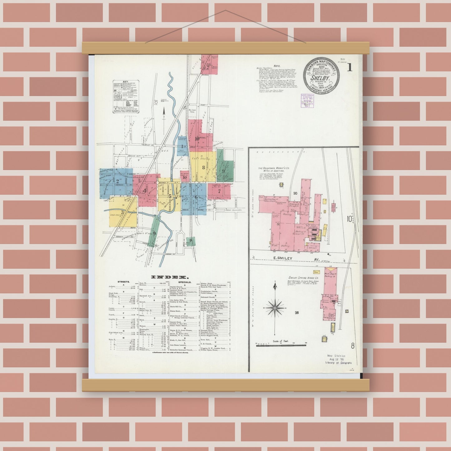 Old map wall art mockup — magnetic wood frame on brick wall — Sanborn Fire Insurance Map from Shelby, Richland County, Ohio (1904), Sheet #0001
