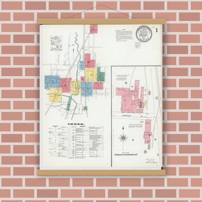 Old map wall art mockup — magnetic wood frame on brick wall — Sanborn Fire Insurance Map from Shelby, Richland County, Ohio (1904), Sheet #0001