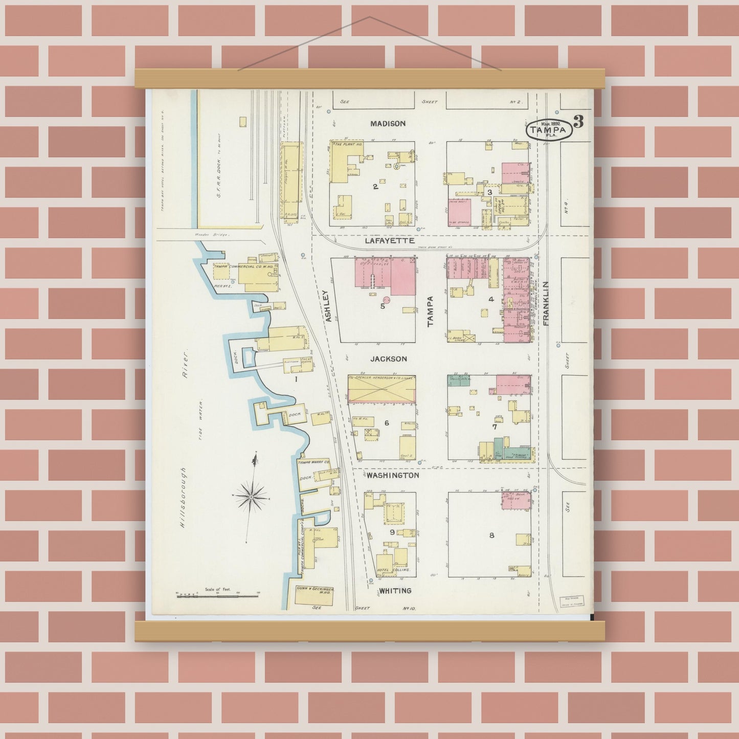 Old map wall art mockup — magnetic wood frame on brick wall — Sanborn Fire Insurance Map from Tampa, Hillsborough County, Florida (1892), Sheet #0003