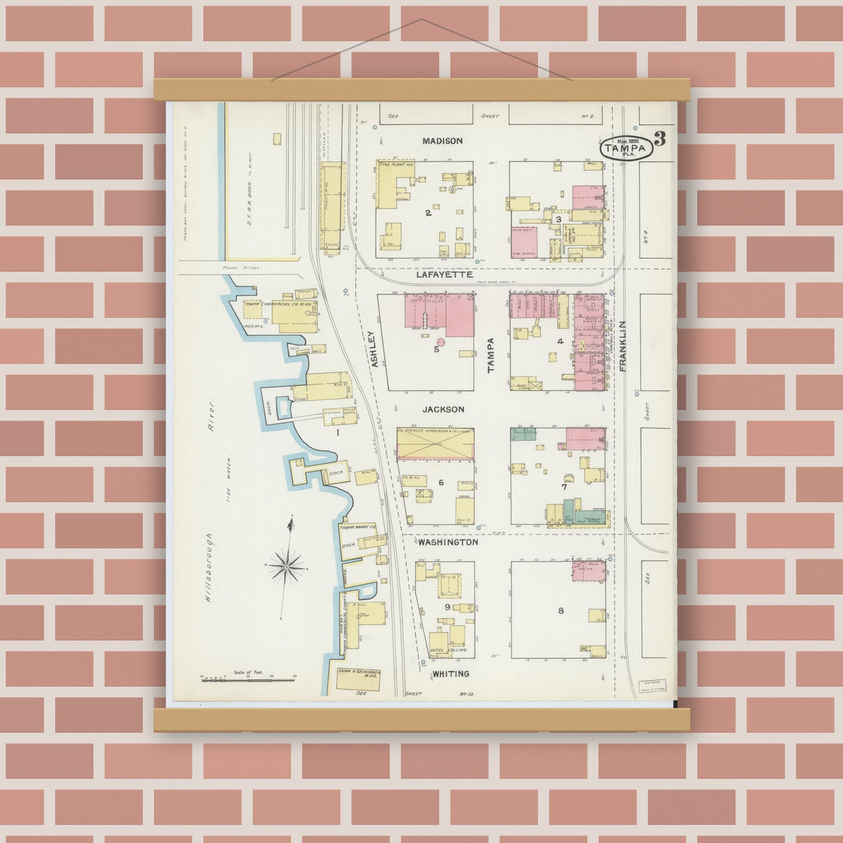 Old map wall art mockup — magnetic wood frame on brick wall — Sanborn Fire Insurance Map from Tampa, Hillsborough County, Florida (1892), Sheet #0003
