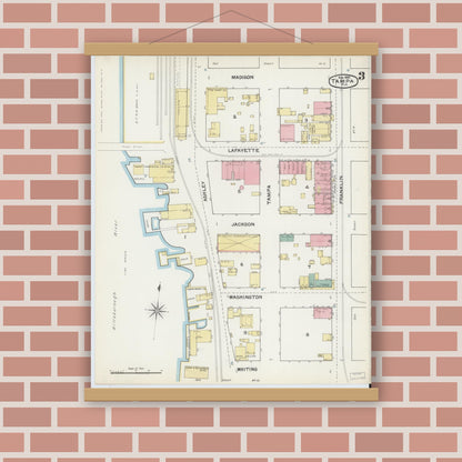 Old map wall art mockup — magnetic wood frame on brick wall — Sanborn Fire Insurance Map from Tampa, Hillsborough County, Florida (1892), Sheet #0003