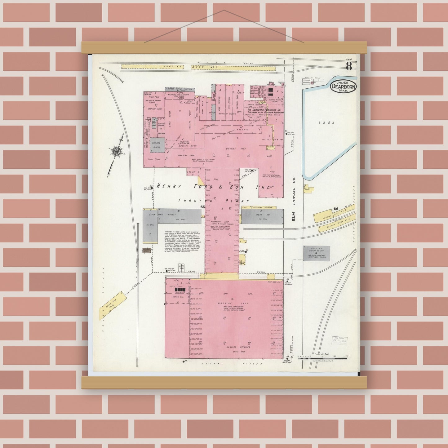 Old map wall art mockup — magnetic wood frame on brick wall — Sanborn Fire Insurance Map from Dearborn, Wayne County, Michigan (1921), Sheet #0008