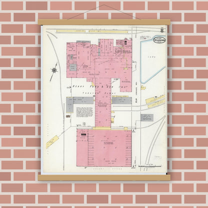 Old map wall art mockup — magnetic wood frame on brick wall — Sanborn Fire Insurance Map from Dearborn, Wayne County, Michigan (1921), Sheet #0008